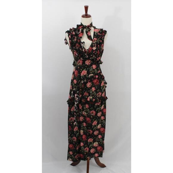 R13 LIBERTY OF LONDON Sz XS Black Pink Rose Floral Silk Dress Ruffle Slit - Picture 12 of 13